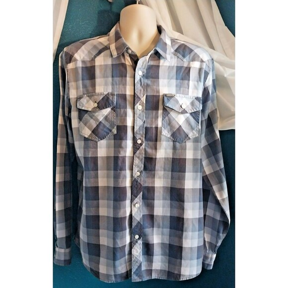 Mens Guess Long Sleeve Western Cowboy Shirt XL Blue and Gray - Picture 2 of 9